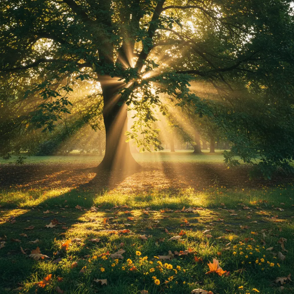 Close-up photograph of sunlight streaming through the leaves of a tree in a park, dappling the ground with golden light, creating a warm and inviting atmosphere.