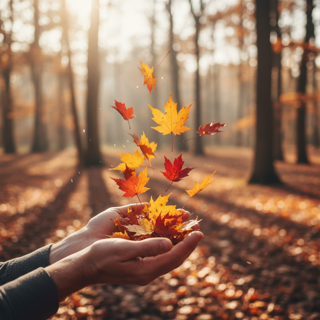 Close-up, photorealistic image of a person's hands gently releasing a handful of vibrant autumn leaves into the air in a sun-dappled forest clearing. Soft, natural light, shallow depth of field, realistic colors.