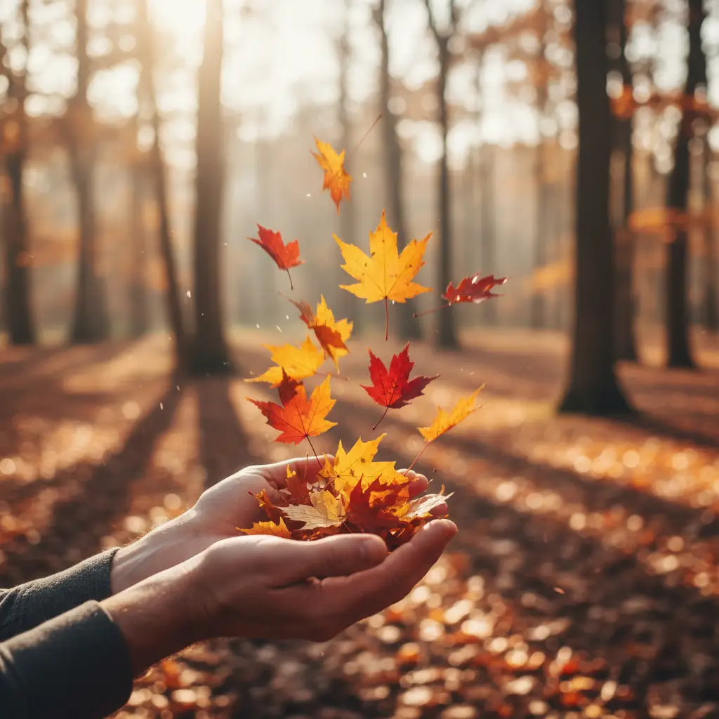 Close-up, photorealistic image of a person's hands gently releasing a handful of vibrant autumn leaves into the air in a sun-dappled forest clearing. Soft, natural light, shallow depth of field, realistic colors.