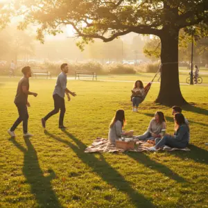A sun-drenched park scene, a diverse group of people are enjoying a leisurely afternoon. Some are laughing while playing frisbee, others are relaxing on a picnic blanket, and a young woman is reading a book under a tree, a gentle smile gracing her lips. Golden hour light creates long shadows and warm highlights, capturing a genuine sense of contentment and peace.