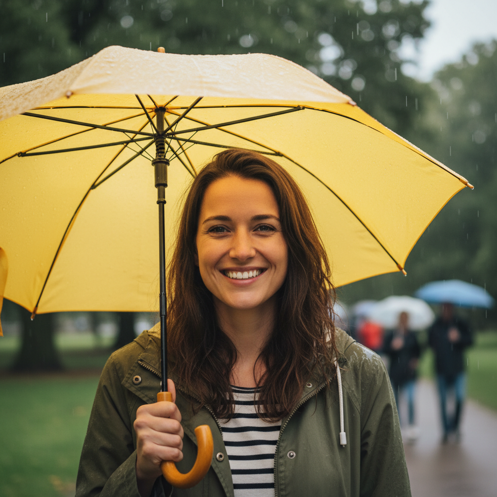 Close-up photograph of a woman in her late 20s, smiling genuinely while walking in a park on a slightly rainy day, holding a bright yellow umbrella. Soft, diffused natural light.