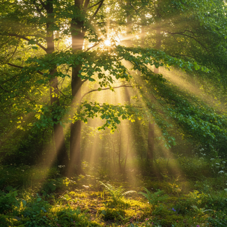 Close-up photograph of sunlight streaming through the leaves of a vibrant green tree in a lush forest, dappling the ground with warm light and creating long shadows, conveying a sense of peace and hope.