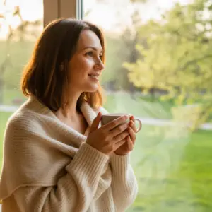 Close-up photograph of a smiling woman in her early thirties, bathed in soft, golden morning light streaming through a window. She is wearing a comfortable, slightly oversized sweater, holding a steaming mug, looking out at a vibrant green park scene with trees just beginning to show their spring foliage. The focus is on her serene expression and the gentle light illuminating her face.