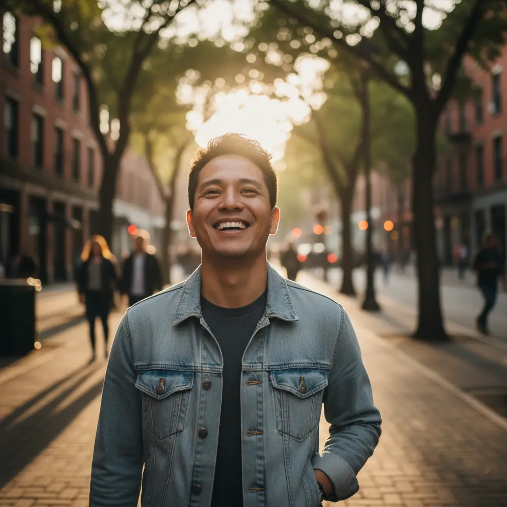 Close-up photograph of a person smiling genuinely while walking on a sunny city street, dappled light filtering through trees, creating soft shadows, shallow depth of field.