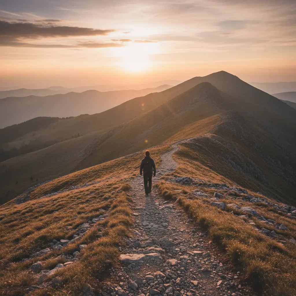 Une personne avançant sur un sentier de montagne au lever du soleil, symbolisant la progression malgré les défis difficiles.