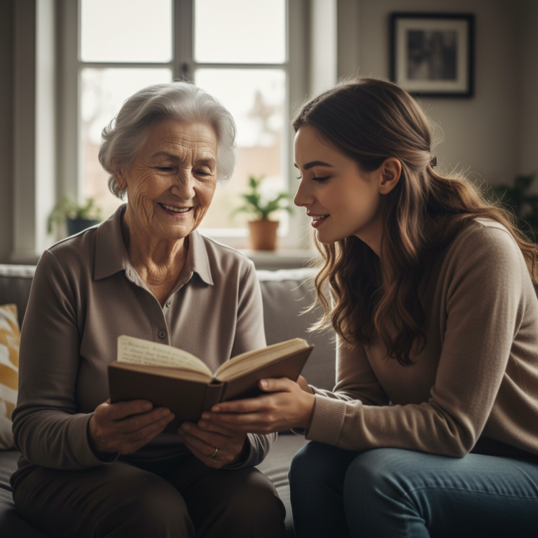 Une femme âgée souriante partage un carnet de notes avec une jeune femme, symbolisant la transmission de la sagesse de vie.