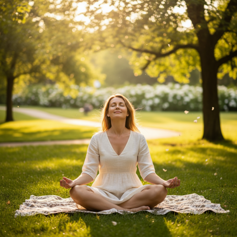 Une femme trouvant la paix intérieure et la joie en méditant dans un parc, loin des habitudes de pensée négatives.