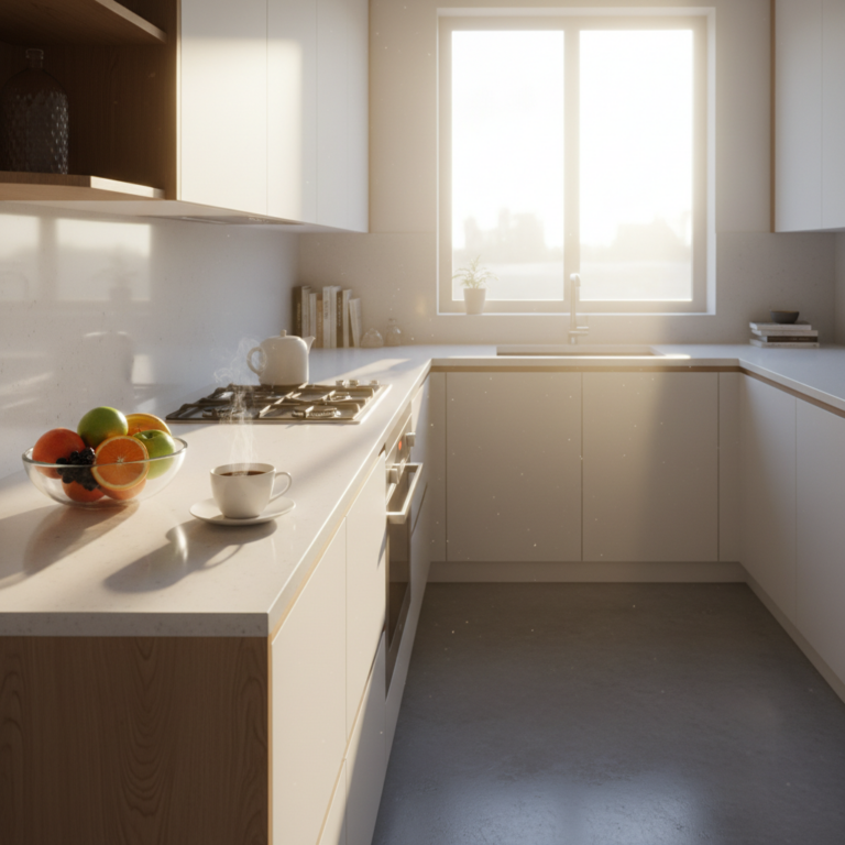 Une cuisine baignée de lumière matinale, symbolisant les habitudes matinales positives.