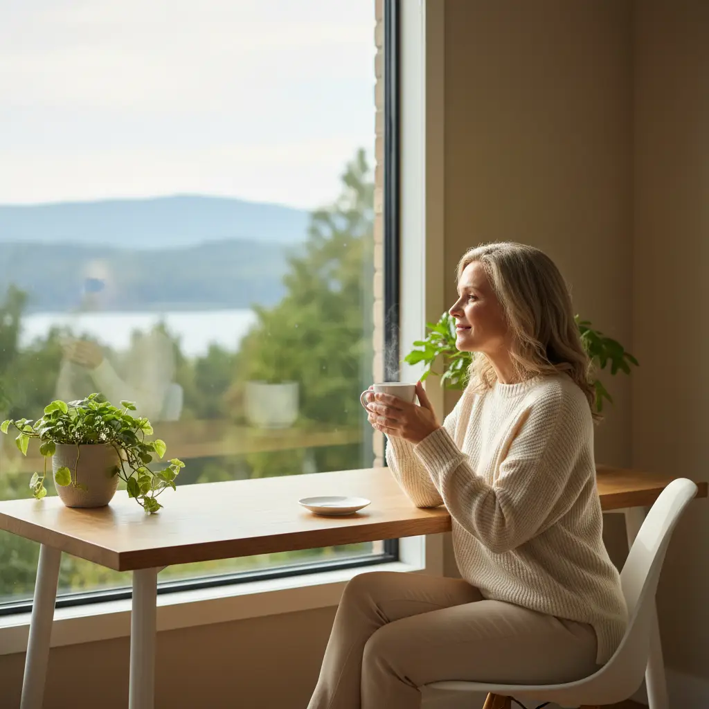 Une femme savoure un moment de sérénité matinale, symbolisant le concept de vivre sans regret grâce à des choix conscients.