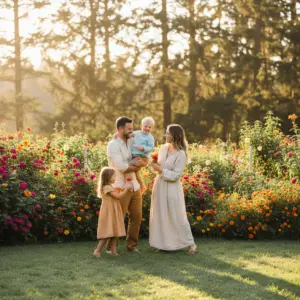Une famille heureuse partageant un moment de gratitude et d'amour, illustrant les vérités de vie essentielles.