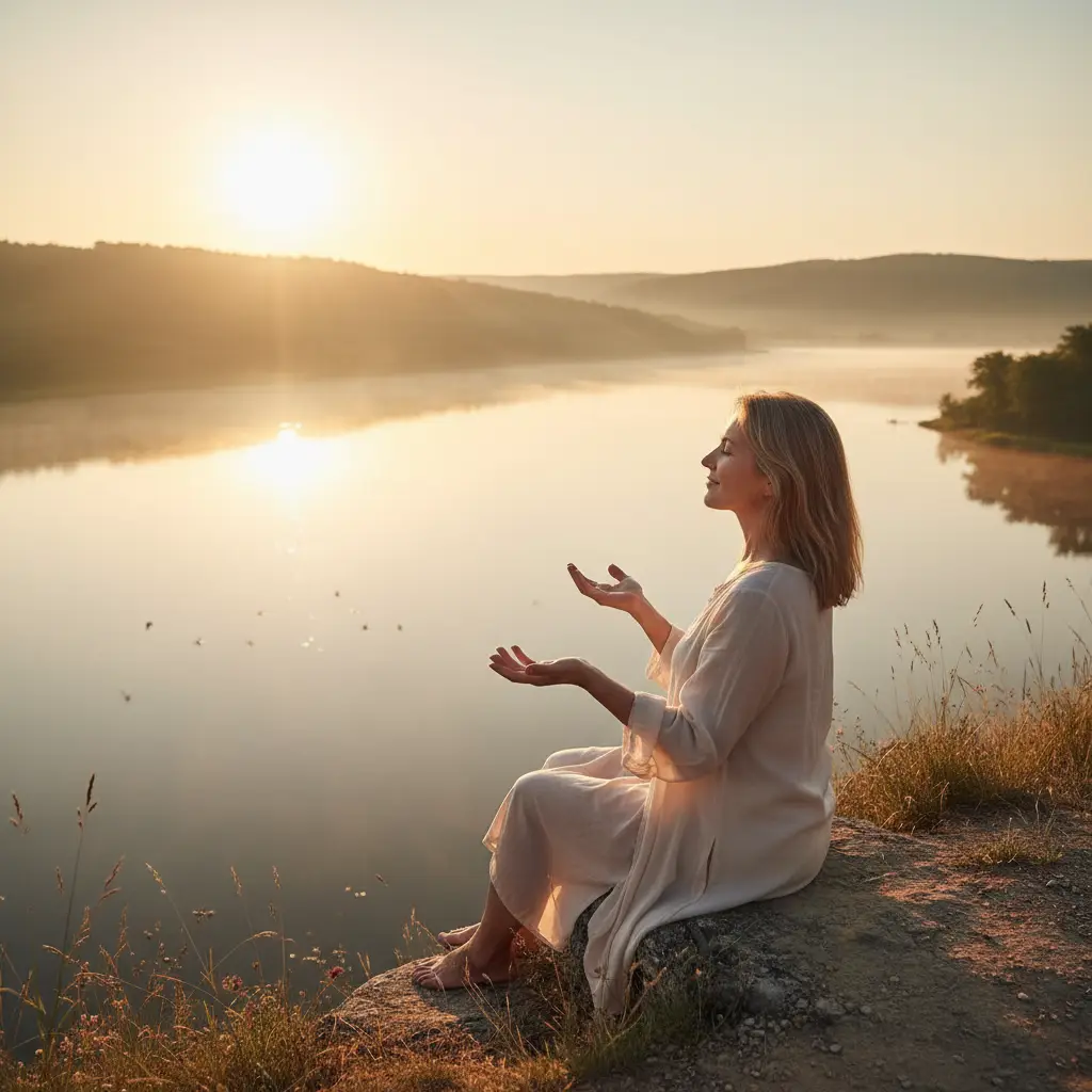 Une femme regardant un paysage serein, symbolisant le lâcher-prise.