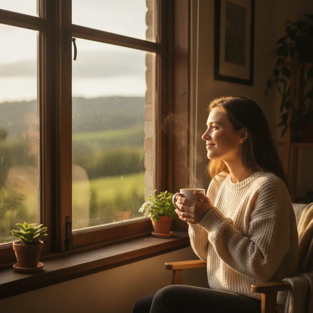 Une femme sereine savoure un moment de paix intérieure, contemplant la lumière du soleil depuis sa fenêtre.