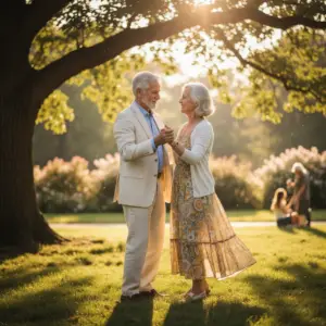 Un couple âgé dansant dans un parc ensoleillé, symbolisant la résilience et les secondes chances.