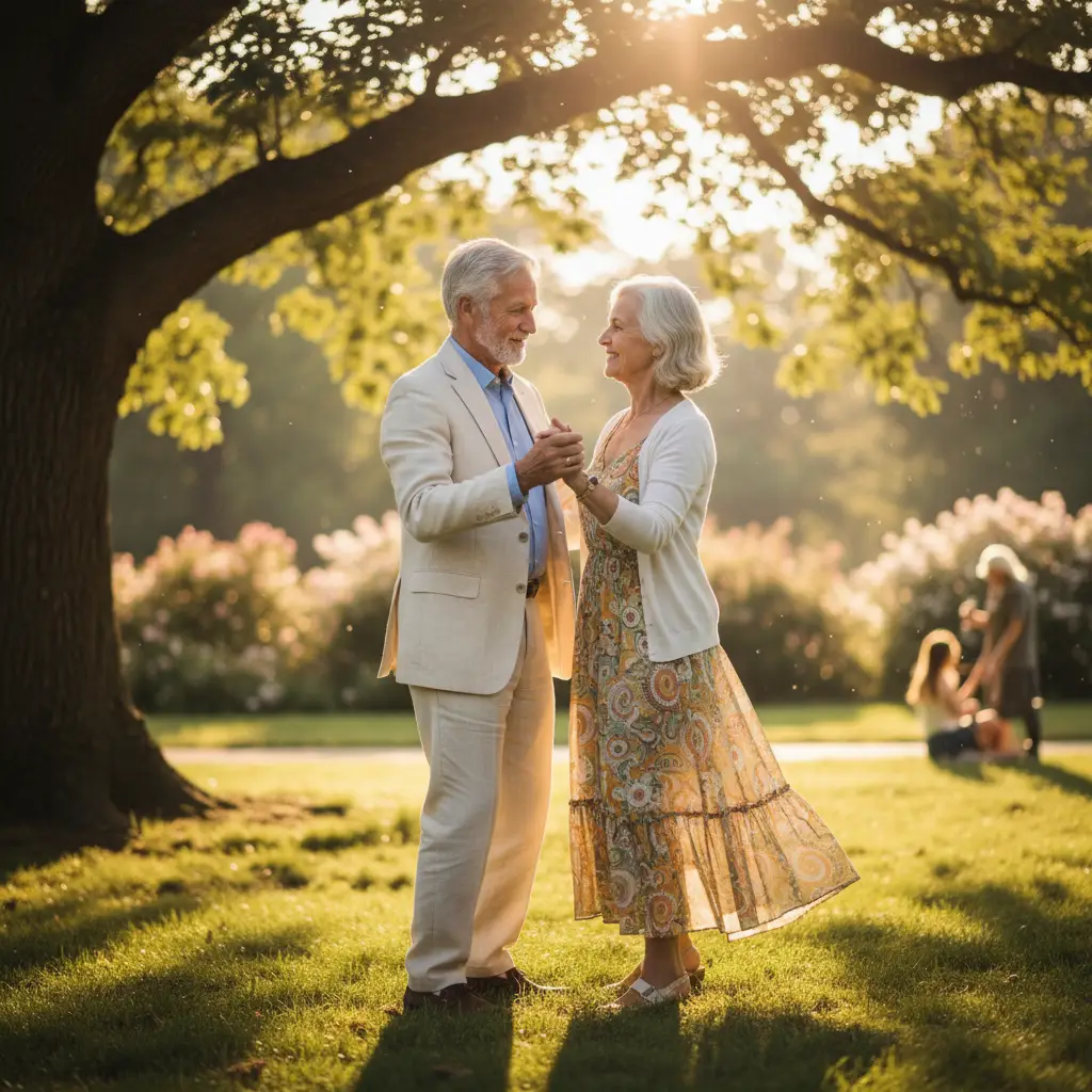Un couple âgé dansant dans un parc ensoleillé, symbolisant la résilience et les secondes chances.