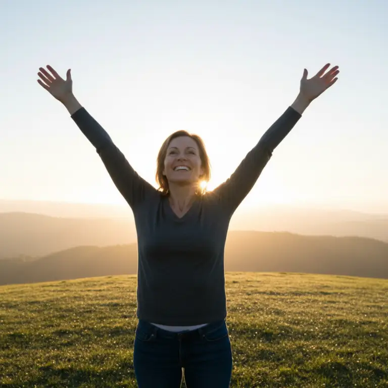 Une femme souriante se tient au sommet d'une colline, levant les bras vers un ciel lumineux, symbolisant le dépassement des croyances limitantes.