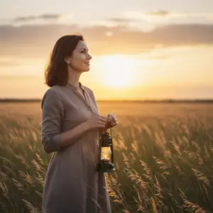Une femme souriante et légère tenant une lanterne allumée dans un champ au coucher du soleil, symbolisant le lâcher prise et l'espoir.