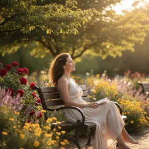 Une femme souriante et sereine, assise à l'extérieur dans un parc verdoyant, profitant du soleil tout en lâchant une bulle de pensée symbolisant le lâcher-prise des attentes.