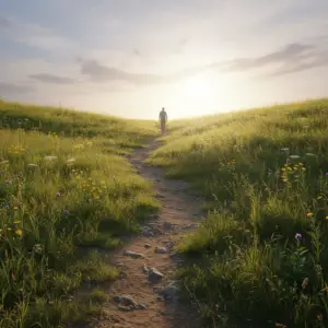 Une personne marchant sur un chemin ensoleillé, symbolisant les micro-pas vers un avenir meilleur.