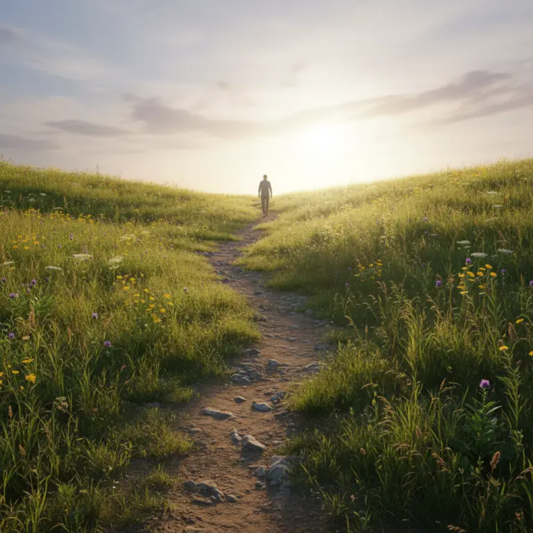 Une personne marchant sur un chemin ensoleillé, symbolisant les micro-pas vers un avenir meilleur.