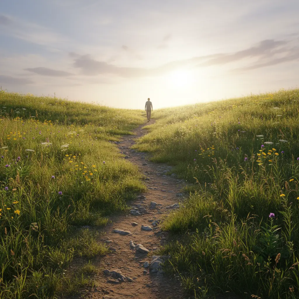 Une personne marchant sur un chemin ensoleillé, symbolisant les micro-pas vers un avenir meilleur.
