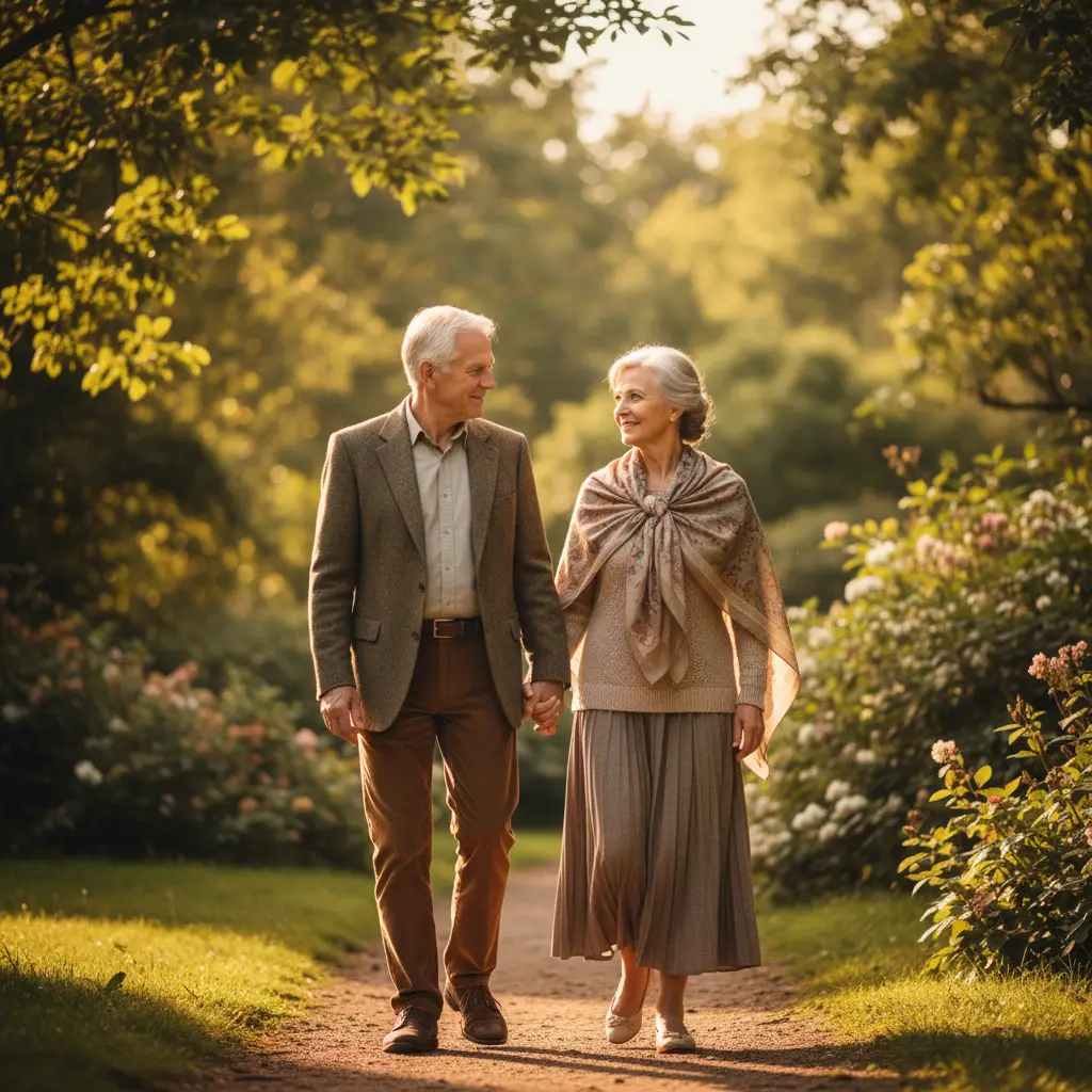 Un couple âgé profitant d'un moment tendre dans un parc, symbolisant des relations durables.
