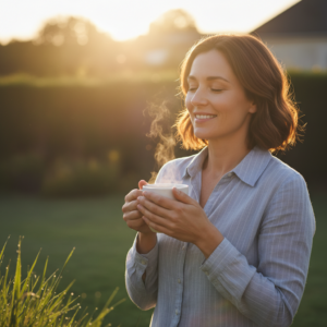 Une femme savoure un moment de gratitude avec une tasse de café au lever du soleil, symbolisant le pouvoir du matin.