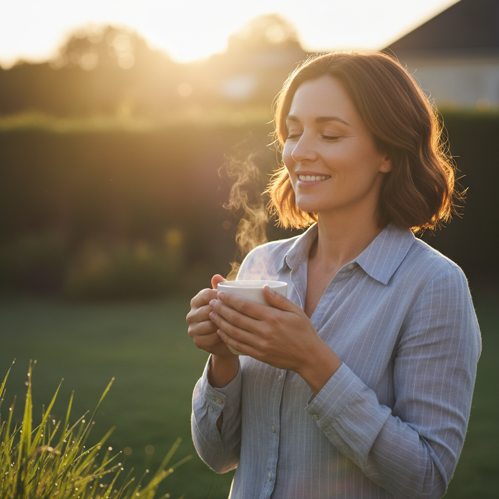 Une femme savoure un moment de gratitude avec une tasse de café au lever du soleil, symbolisant le pouvoir du matin.