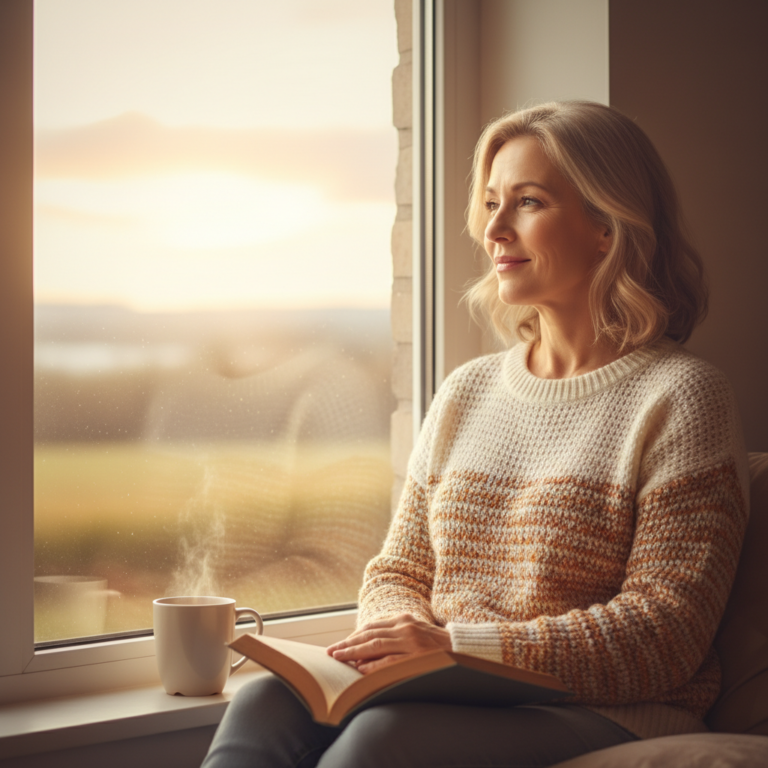 Une femme souriante regardant le soleil levant, symbolisant la sérénité intérieure et le renouveau.