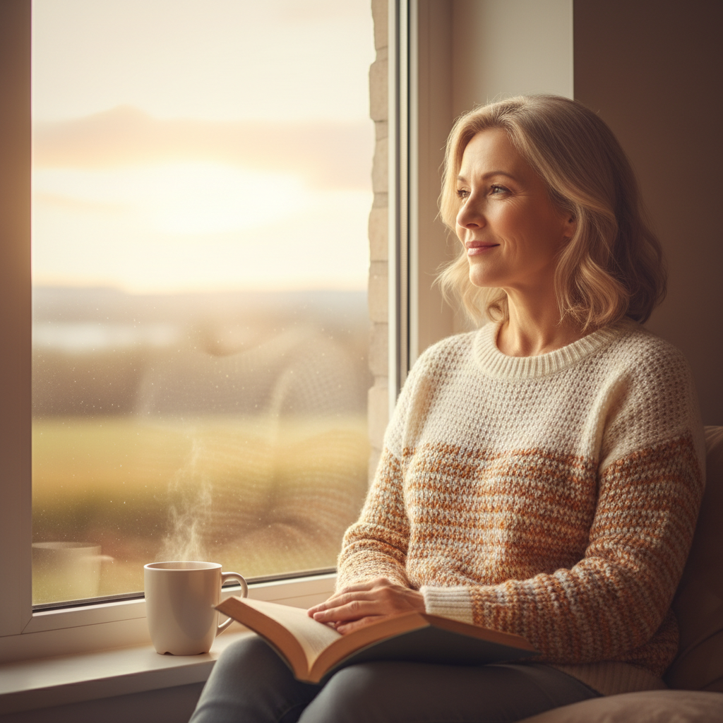 Une femme souriante regardant le soleil levant, symbolisant la sérénité intérieure et le renouveau.