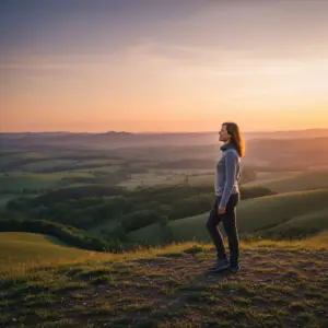 Une femme regarde un magnifique lever de soleil depuis le sommet d'une colline, symbolisant un nouveau départ plein d'espoir et de sérénité.