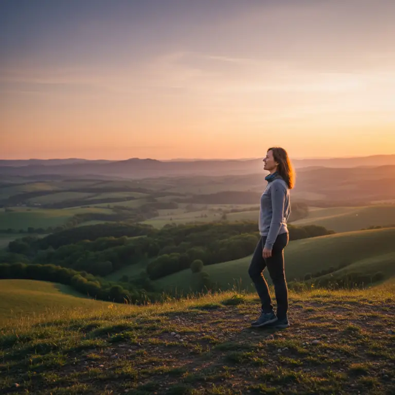 Une femme regarde un magnifique lever de soleil depuis le sommet d'une colline, symbolisant un nouveau départ plein d'espoir et de sérénité.