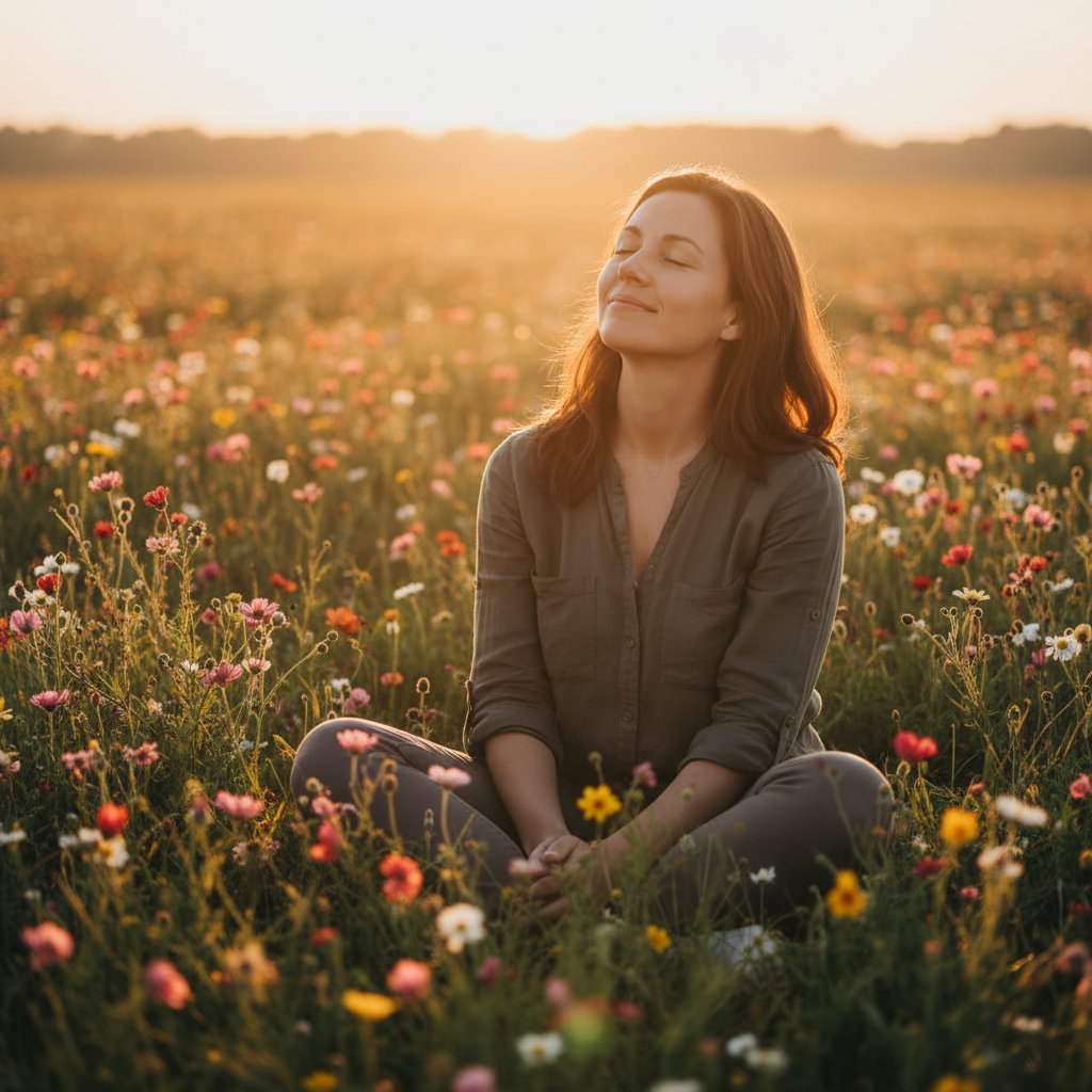 Une femme souriante et épanouie méditant paisiblement dans un champ de fleurs sauvages au lever du soleil, symbolisant l'acceptation et la vie présente.