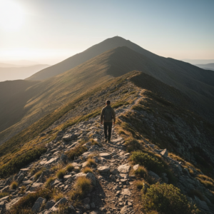 Une personne marchant sur un chemin rocailleux vers un sommet ensoleillé, symbolisant la discipline personnelle.