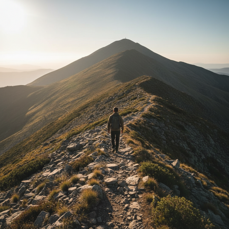 Une personne marchant sur un chemin rocailleux vers un sommet ensoleillé, symbolisant la discipline personnelle.