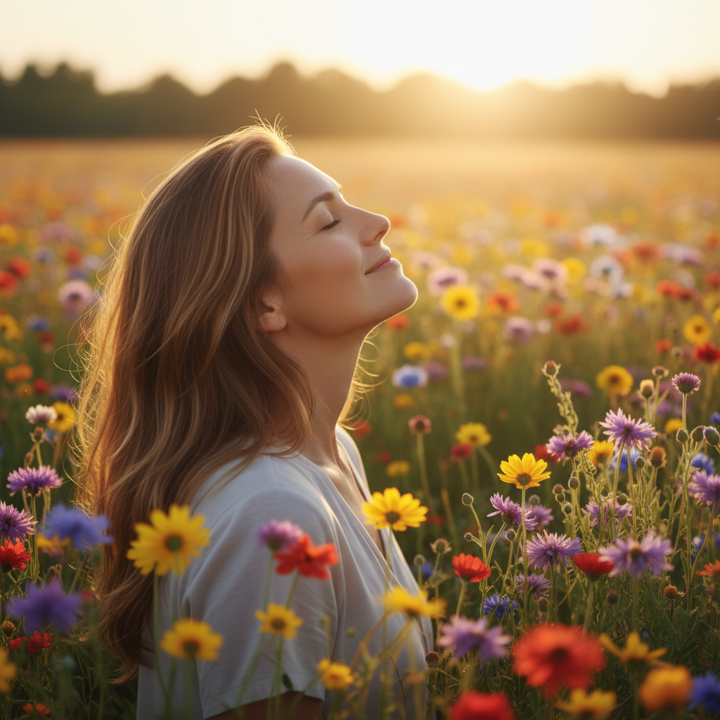 Une femme rayonnante profite d'un moment de contemplation paisible dans un champ de fleurs sauvages au lever du soleil, symbolisant les prises de conscience.