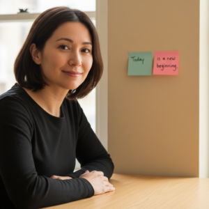 Une femme souriante regarde un post-it coloré affiché sur un miroir, symbolisant les petits rappels inspirants.