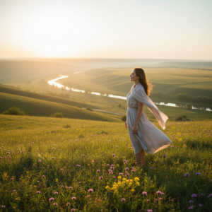 Une femme souriante regardant vers l'horizon, symbolisant le dépassement des habitudes toxiques et la construction d'une vie joyeuse.