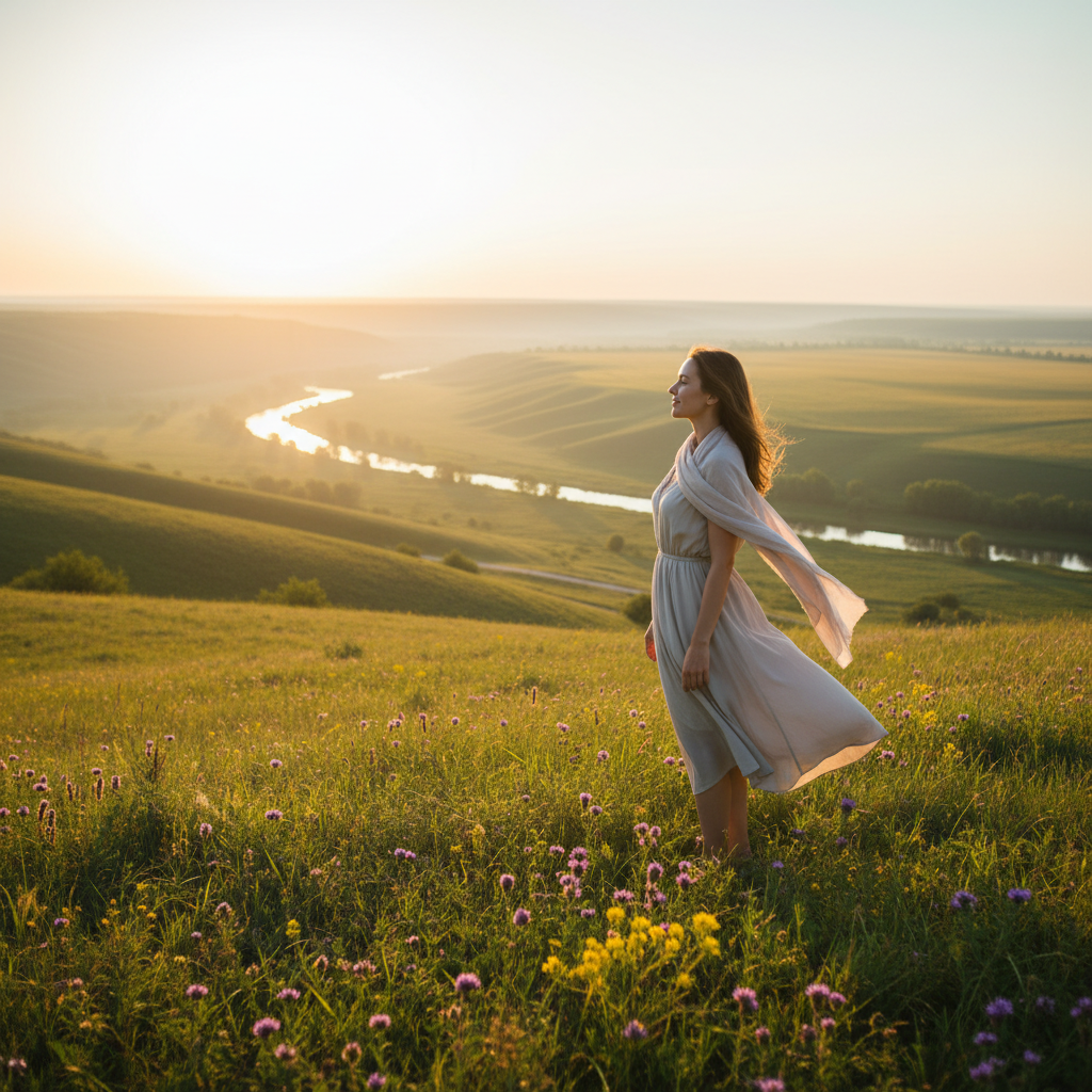 Une femme souriante regardant vers l'horizon, symbolisant le dépassement des habitudes toxiques et la construction d'une vie joyeuse.