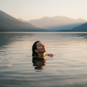 Une femme souriante et sereine flottant doucement sur une eau calme, symbolisant le lâcher prise.