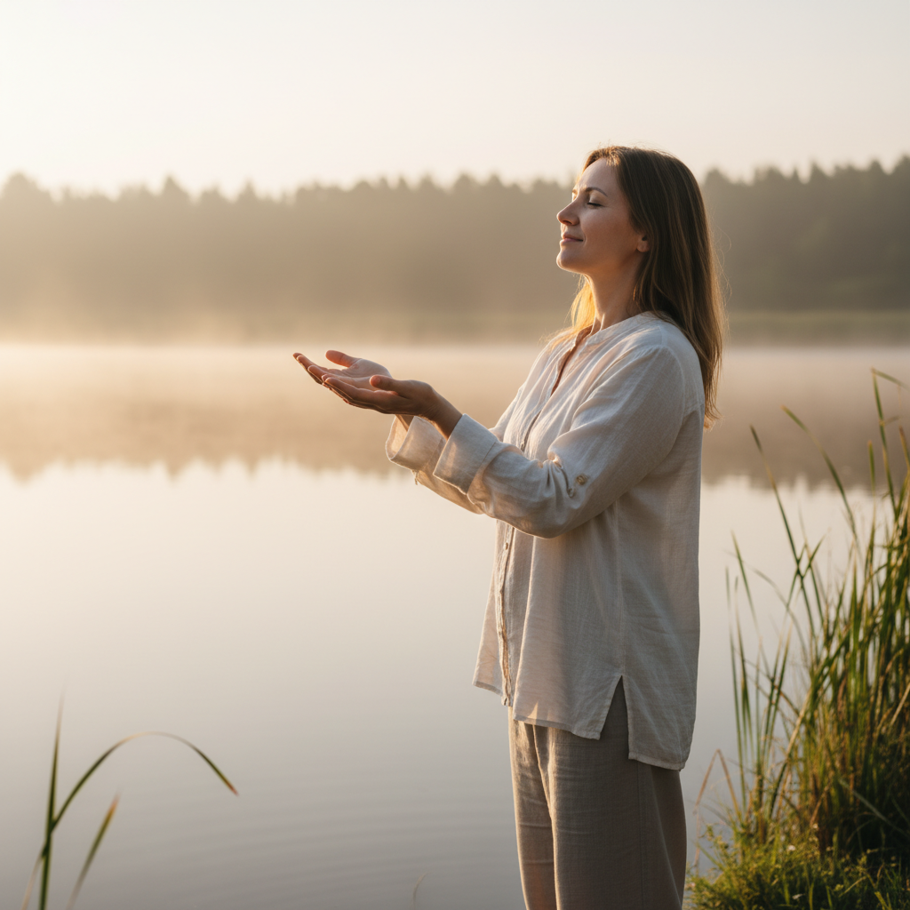 Une femme sereine au bord d'un lac au lever du soleil, symbolisant le lâcher prise.