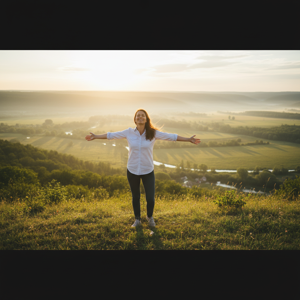 Une femme trouve la liberté et la sérénité en pratiquant le lâcher prise au lever du soleil.