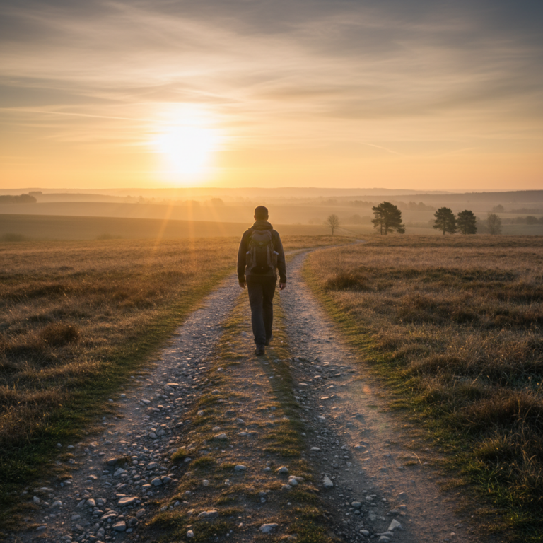 Une personne marche vers un lever de soleil radieux, symbolisant un nouveau départ.