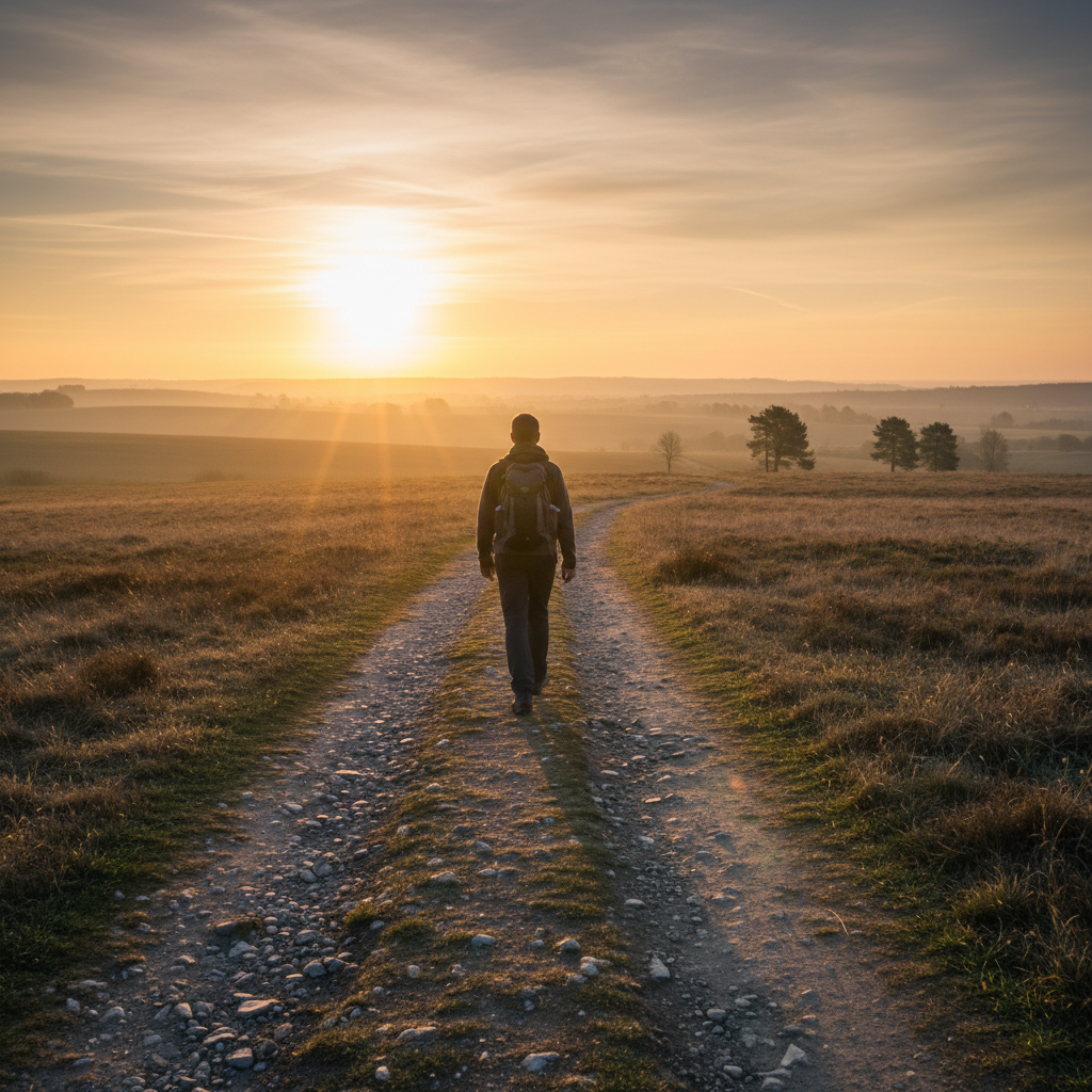 Une personne marche vers un lever de soleil radieux, symbolisant un nouveau départ.