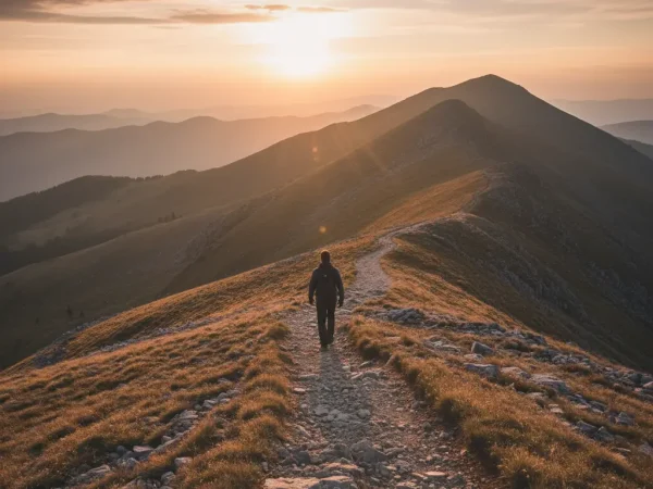 Une personne avançant sur un sentier de montagne au lever du soleil, symbolisant la progression malgré les défis difficiles.