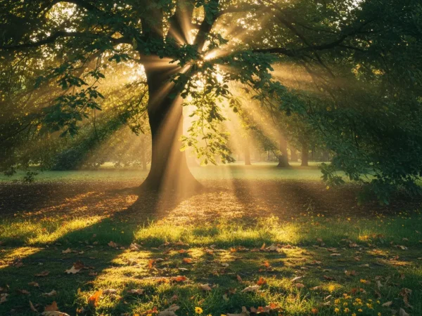 Close-up photograph of sunlight streaming through the leaves of a tree in a park, dappling the ground with golden light, creating a warm and inviting atmosphere.