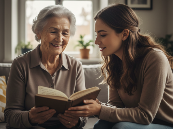 Une femme âgée souriante partage un carnet de notes avec une jeune femme, symbolisant la transmission de la sagesse de vie.