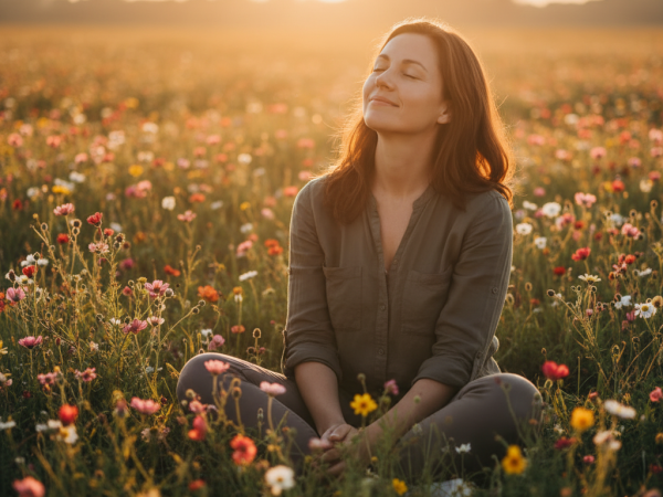Une femme souriante et épanouie méditant paisiblement dans un champ de fleurs sauvages au lever du soleil, symbolisant l'acceptation et la vie présente.