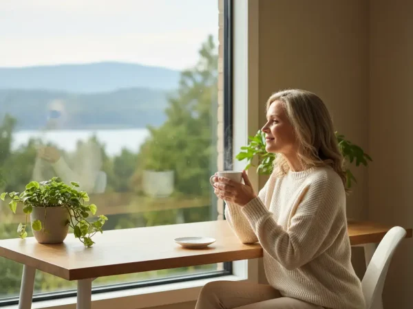 Une femme savoure un moment de sérénité matinale, symbolisant le concept de vivre sans regret grâce à des choix conscients.