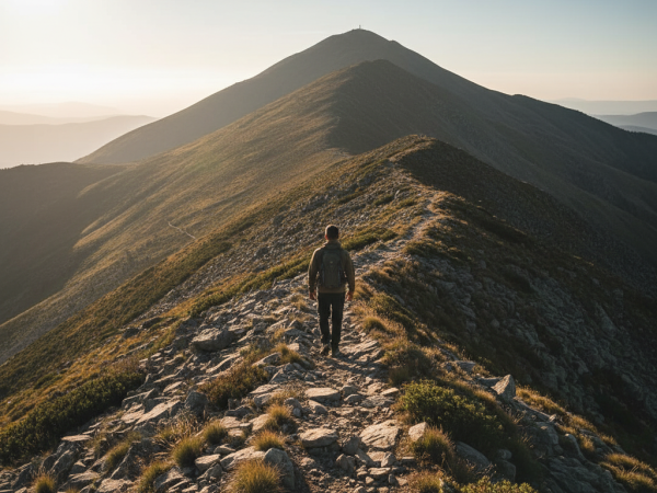 Une personne marchant sur un chemin rocailleux vers un sommet ensoleillé, symbolisant la discipline personnelle.