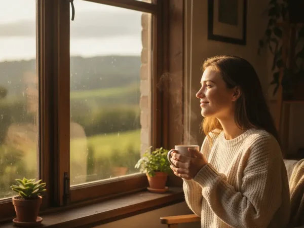 Une femme sereine savoure un moment de paix intérieure, contemplant la lumière du soleil depuis sa fenêtre.